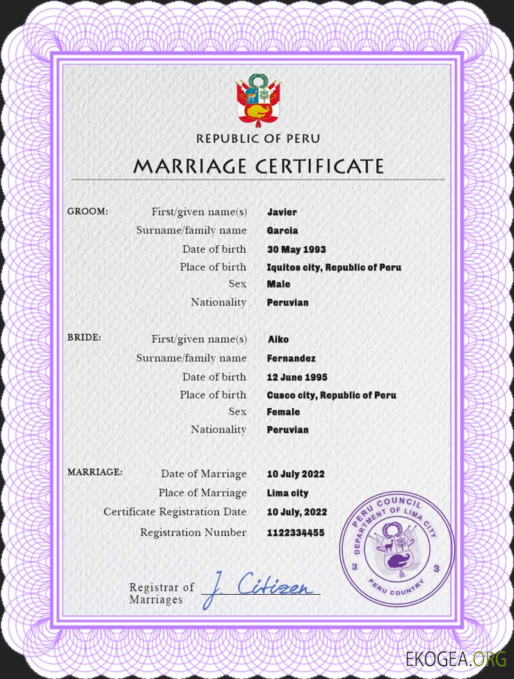 Modèle PSD de certificat de mariage au Pérou